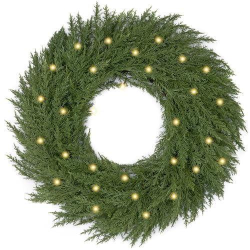Valery Madelyn 24 Inch Realistic Christmas Wreaths with Lights, Pre Lit Norfolk Pine Wreath with 30 LED Lights, Green Xmas Faux Cedar wreaths Decorations for DIY Outdoor