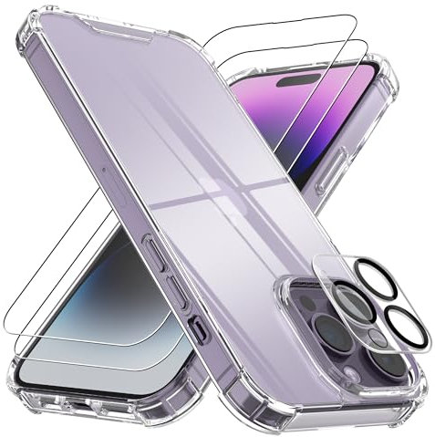 4youquality (4-in-1 Case for iPhone 14 Pro Max with [2-Pack Tempered Glass Screen Protectors + 1-Pack Camera Lens Protector], Airbag Protection, Bumper Phone Case (Clear)