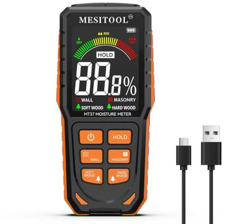 MESITOOL Détecteur d’humidité murs et bois, hygromètre LCD couleur avec alarme, profondeur 19 mm, pour plâtre, gypse et matériaux de construction