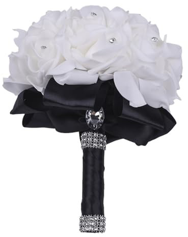 Fasksh Damigella d'onore decorazione di nozze Foamflowers rosa bouquet da sposa raso bianco romantico bouquet da sposa (colore: nero D)