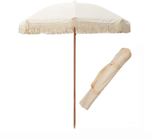 KXWOQ3ED 200cm Boho Garten Sonnenschirm mit Fransen, Tragbarer Strandschirm, Sonnenschutz Terrassenschirm, Weißer Tischschirm für Balkon, Pool und Terrasse