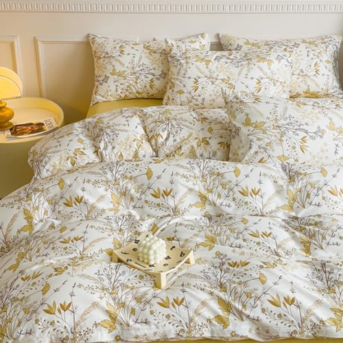 Nayoroom Bettwäsche Baumwolle 155x220 Weiß Gold Botanisch Herbstlich Blätter Äste Hochwertig 2teilig Bettwäsche Set - 1 Bettbezug 155 x 220 und 1 Kissenbezug 80x80 mit Reißverschluss