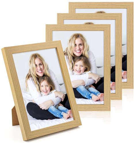 WenYa 6x8 Oak Photo Frames 4 Pack, 20.3x15.2cm Wall Tabletop Picture Frames | Wooden Frame, Max Fits 8x6 Photos, Wall Mounted & Table Standing, Home Decor for Family Portrait, Bedroom Living Room Gallery
