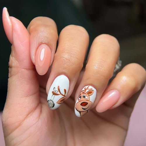 Christmas Almond False Nails - 24PCS False Nails with Glue - White Nude Color Christmas Style with Cute Deer - Acrylic Nails Long Lasting Glossy Full Cover Nail Gifts for Women
