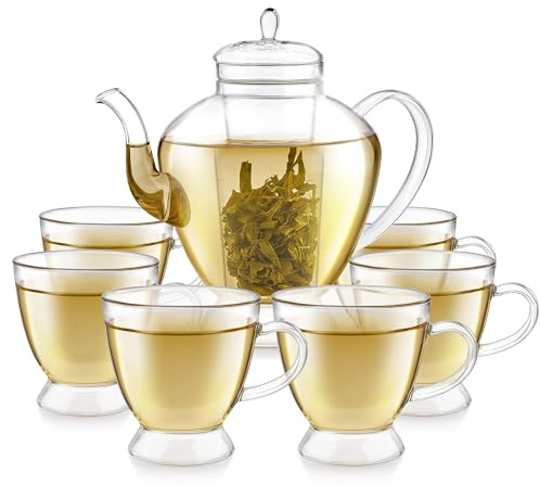 Teabloom Grand Bouquet Tee-Set aus Borosilikatglas für sechs Personen – elegante Teekanne mit Microdot Infuser & sechs 8 Unzen Teetassen – ein reines und immersives Teeerlebnis – Tea Purist's Choice