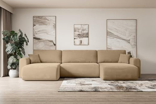 ALTDECOR Ecksofa mit Schlaffunktion und Bettkasten Corner Sofa Eckcouch Couch U-Form universal, Links/rechts angeordnet Schlafcouch Ausziehbar Wohnlandschaft Schlafsofa ORRO-U - 362x145x83cm Beige