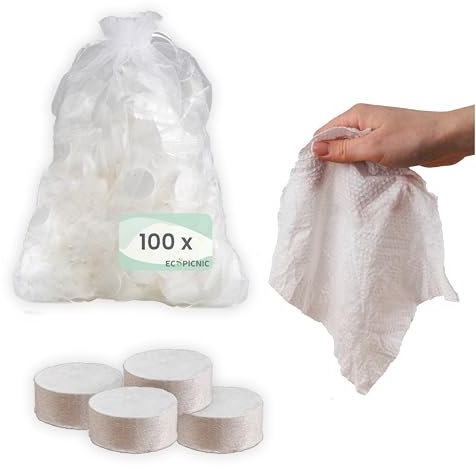 ECOPICNIC Komprimierte Vliestücher biologisch abbaubar 100 Stück | Einweg Reinigungstücher, umweltfreundliche Waschlappen, tragbare Feuchttücher für unterwegs, Mehrzweck Putztücher