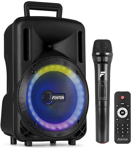 Fenton FT08LED MK2 - Altavoz Activo portátil de 8 300W, Bluetooth, Micrófono UHF, Woofer LED, USB/microSD, Entrada Aux, Talkover, Batería Recargable, Emparejamiento Estéreo, Vaso para Trípode 35mm