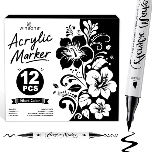 WINSONS Black Acrylic Markers, Paint Pens, Acrylic Pens, Waterproof, Non-Toxic, odorless, Fine and Brush Nibs for Paper, Pottery, Stones, 12 PCS