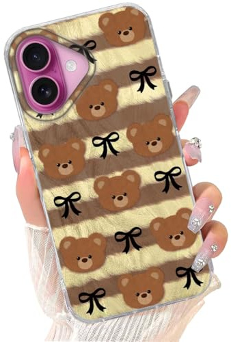 FunYudas Hülle für iPhone 16, Niedlich Bären Cartoon Muster für Frauen Mädchen Handyhülle, Bunt Slim Weich Dünn TPU Silikon Bumper Hart PC Rückseite Stoßfest Schutzhülle Case Cover