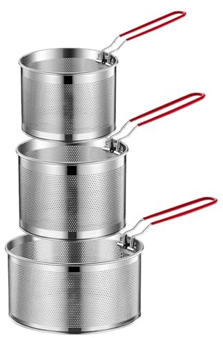 3 PCS Pasta Strainer, Stainless Steel Noodle Strainer with Removable Handle Metal Pasta Basket Deep Fryer Basket, Kitchen Colander for Washing Draining Deep-Frying Boiling Steaming (16＆18＆20cm)