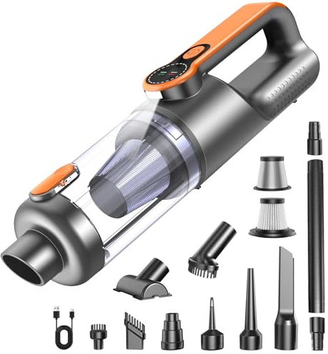 Aspirador de Mano, 26000Pa 4-in-1 Aspirador Sin Cable Potente, Descarga de Polvo con un Solo Toque, Motor Sin Escobillas,Pantalla HD e Iluminación LED,Aspirador Coche para Hogar/Oficina/Coche, Naranja