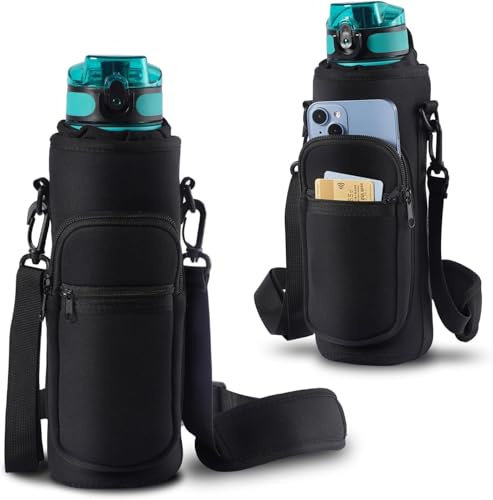 YEENAIV 40oz Water Bottle Carrier Bag, Sport Water Bottle Carrier Sling Bag with Adjustable Strap, Water Cup Holder with 2 Pockets for Walking Hiking Camping-Black