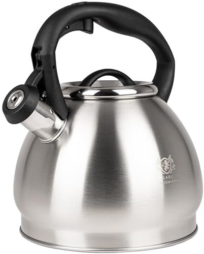 KARL HAUSMANN Tetera Silbante Inox 1.8 L Inducción Gas, Plata | Hervidor de acero inoxidable para inducción, gas y vitrocerámica, silbato, tapa extraíble y asa de plástico