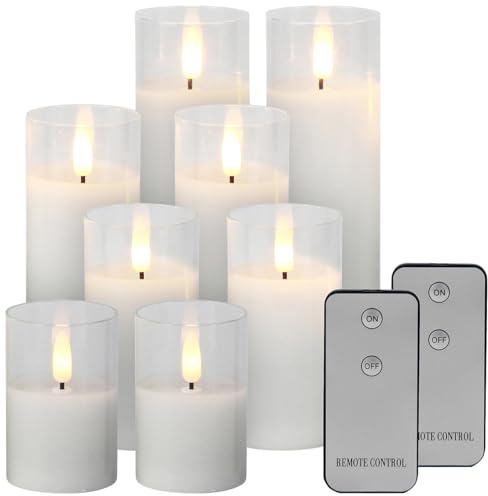 Lunartec LED Kerzen Wachs: 8er-Set LED-Echtwachskerzen im Glas, mit Docht und Fernbedienung, weiß (Kerzen im Glas Sets, Kerzengläser, Timer)