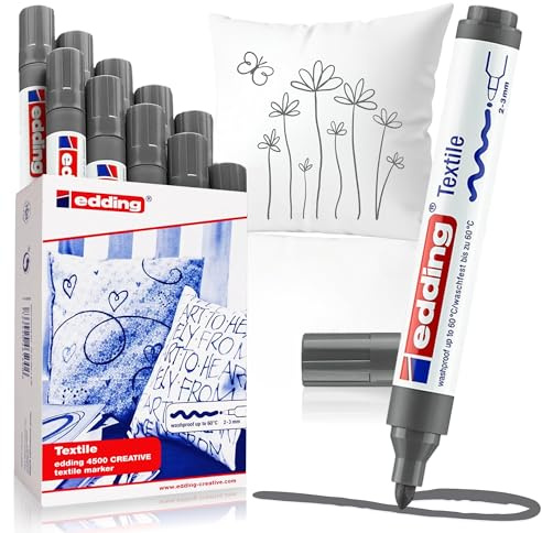 edding 4500 textile marker - grey - box of 10 - round nib 2-3 mm - permanent fabric markers for drawing on textiles, wash-resistant up to 60 °C - marker pens for fabric lettering