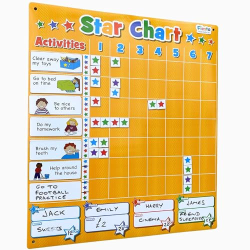 Multi child Reward Chart/Star Chart by Fiesta Crafts - Magnetic Chore Board for Kids & Toddlers - Colour-Coded For Each Child - Encourage Good Behaviour - Kids Behaviour Chart