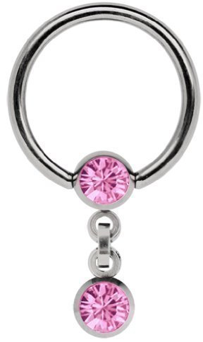 Modern Nature Piercing-Schmuck Brustpiercing Titan Ring in 1,6 x 14 mm mit Kette und 5 mm Stein-Kugeln in rosa