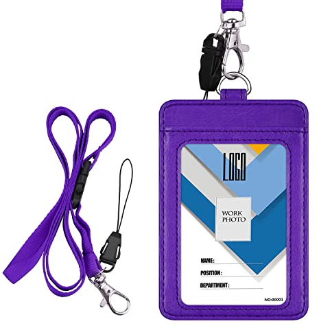 Wisdompro, porta badge a 2 lati in PU cartellino porta badge con tracolla/laccetto da collo staccabile da 58,4 cm, nero (verticale) Vertical Purple