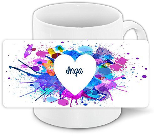 Tasse zum Valentinstag mit Namen Inga und schönem Motiv mit Wasserfarben-Herz - Liebestasse Keramiktasse Freundschafts-Tasse