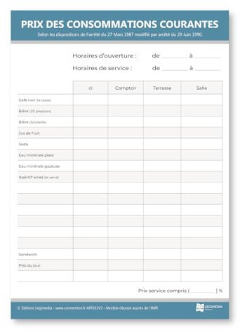 Panneau d'affichage des prix des consommations courantes - Plastifié et effaçable - Kit de fixation inclus (pastilles adhésives) - Fabriqué en France
