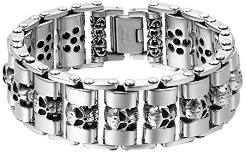 OIDEA Herren Armband Schädel Fahrradkette: Totenkopf Motorradkette aus Edelstahl Biker 23mm Breit schwer Groß Glieder Link Handgelenk poliert Silber schwarz Schmuck Geschenk für Männer Jungen