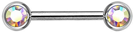Piersando Brustwarzen Piercing Intimpiercing Nippelpiercing Brust Nippel Intim Barbell mit Hantel Doppel Front Kristall Kugel 1,6mm x 12mm x 5mm Silber Rainbow