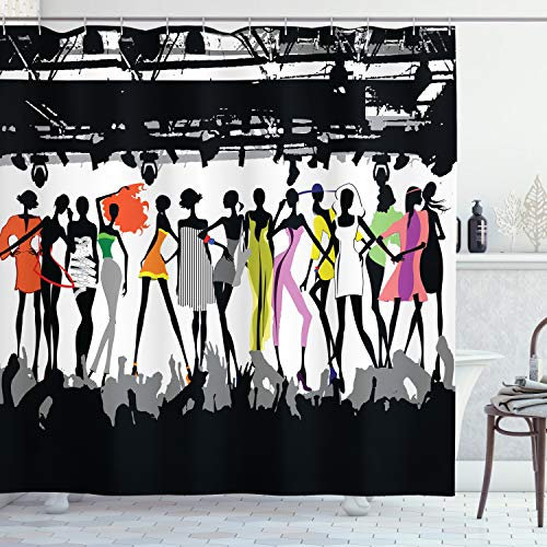 ABAKUHAUS Duschvorhang Frauen Models Bühne Designer Top Model Thematisierte Bühne zuschauern Druck, Stoffliches Gewebe Badezimmerdekorationsset mit Haken, 175 X 200 cm, Weiße Koralle Lila