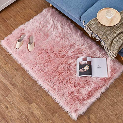 QINGLOU Peau de Mouton synthétique,Cozy Sensation comme véritable Laine Tapis en Fourrure synthétique, Fluffy Soft Longhair Décoratif Coussin de Chaise Canapé Natte (Rose, 60 x 90cm)