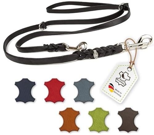 CopcoPet Hundeleine Leder 3-Fach verstellbar, Umhängeleine für große Hunde, Fettlederleine Hund geflochten – Mit Chrombeschlägen – Robust, ideal für Spaziergang, Training 2,40m x 20mm Schwarz