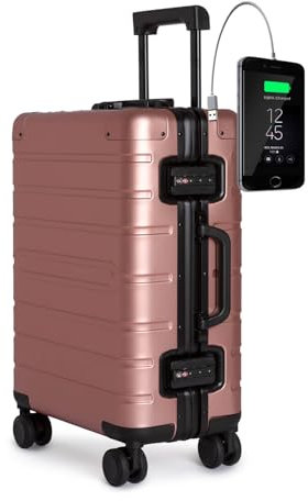 TOKYOTO Aluminium-Kabinenkoffer Silber mit USB Leicht Hartschale, Moderner Reisekoffer für Jugendliche und Erwachsene Doppelrollen TSA-Schloss 55x35x20 Trolley Handgepäck 55x40x20 cm Salmon Logo