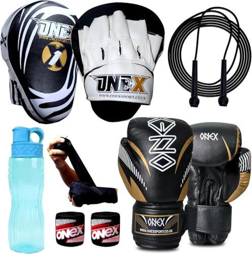 ONEX Boxing Gloves and Focus Pads Set for boys and girls Kids Twins Kickboxing Punching Professional Training - Hook and Jab MMA Punch Thai Strike Bag (Black)