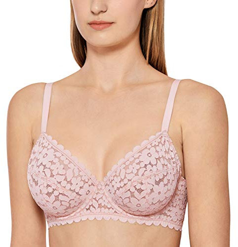 DOBREVA Damen Spitze Bralette Vollschalen Mesh Bügel-BH ohne Einlagen Nacktes Rosa 85B