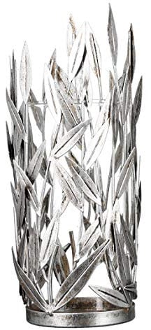 Casablanca Windlicht Twings Metall silberfarben Antikfinish Blattdesign mit Glaseinsatz H: 31 cm Ø 13 cm 84201