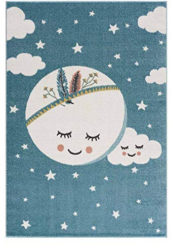 carpet city Kinderteppich Kinderzimmer Blau - 140x200 cm - Mond Sterne - Kinderzimmerteppiche Mädchen Jungen - Babyzimmer-Teppich - Spielteppich - Sternenteppich