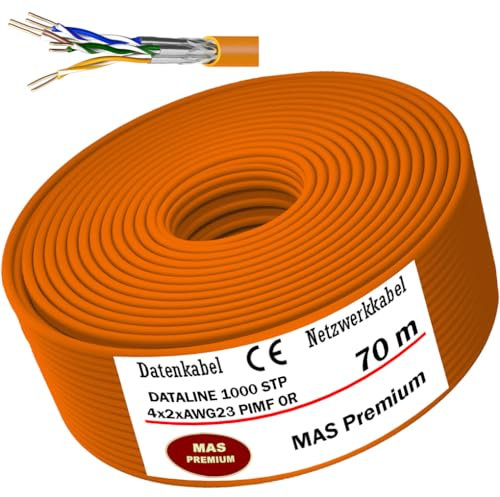 MAS Premium CAT 7 oder CAT 7 A Datenkabel von 5m bis 500m Netzwerkkabel Installationskabel Halogenfrei Kommunikationskabel Verlegekabel LAN Kabel (DATALINE 1000 STP 4X2XAWG23 OR, 70m)