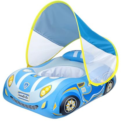 Swimbobo Flotteur de piscine gonflable pour tout-petits avec siège, avion, pirates, requins, voiture pour enfants (voiture de sport bleue)