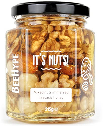 BeeHype It's Nuts! - Mixed Nuts in Pure Raw Acacia Honey with Natural Enzymes, Vitamins, Minerals, Antioxidants and 14g of Protein Per Jar - 215g