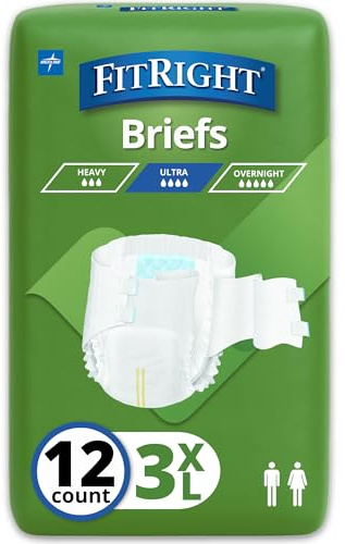 FitRight Bariatric Adult Diapers, Ultra Heavy Absorbency, 3XL (Waist Size 65in-84in), 12 Count, Disposable Incontinence Briefs for Men and Women, Moisture-Wicking, Leak Protection,