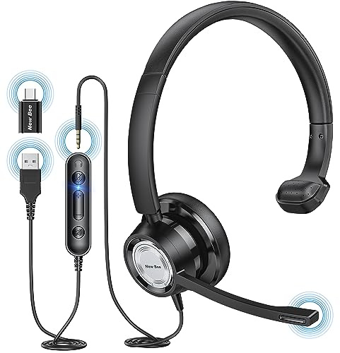 New bee USB Headset with Microphone for PC Computer Headset, Single Ear Noise Cancelling Mic, Call Center Wired Headphone with 3.5 mm/USB/Type C for Skype Zoom Tablet Laptop