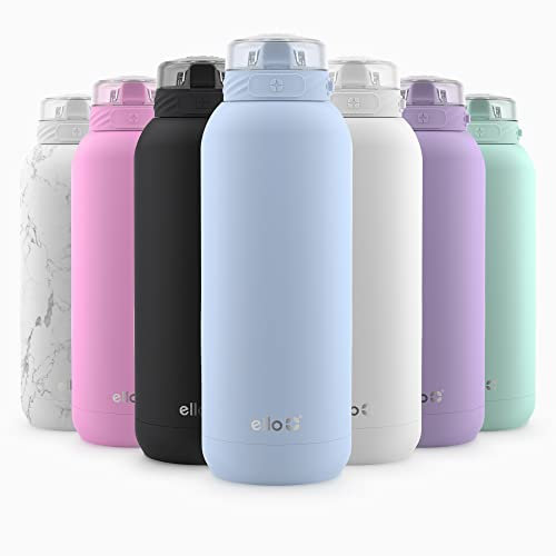 Ello Cooper 40oz Stainless Steel Water Bottle with Straw and Carry Handle, Double Walled and Vacuum Insulated Metal, Leak Proof Locking Lid with Soft Silicone Spout, Reusable, BPA Free, Halogen Blue