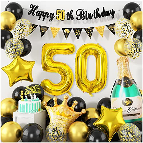 50 Geburtstag Deko, Schwarz Gold 50 Geburtstag Mann Frau Deko mit Luftballons 50 Geburtstag Happy Birthday Girlande Banner Tortendeko, Deko 50. Geburtstag Ballons für 50 Jahre Party Geburtstagsdeko
