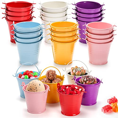 TOPZEA 24 Stück Mini-Metalleimer für Partygeschenke, 5.1 cm, verzinkter Eimer mit Griff, dekorative farbige Metalleimer, kleiner Blecheimer für Party, Handwerk, Ostern, Klassenzimmerbedarf, 6 Farben