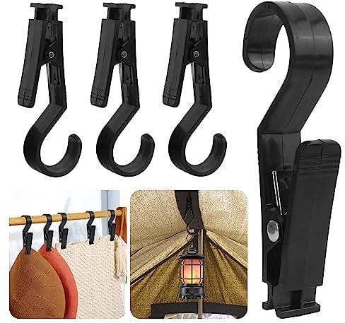 4 Stück Wäscheklammern Zeltclips Lichthaken Stiefelklammer Campingzelt Haken Outdoor- Handtücher Clips Geschirrtücher Multifunktion Klammerhaken für Campinglampe Wäsche aufhängen Trocknen Schwarz