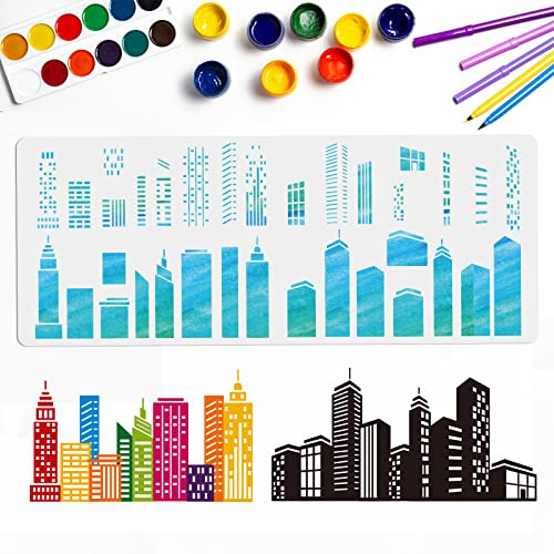 MAYJOYDIY Stadtbild Schablonen Wolkenkratzer Schablone Stadtgebäude Bastelschablonen Wiederverwendbare Vorlage 100 × 40cm Für DIY Notizbuch Scrapbook Kunst Basteln Geschenk