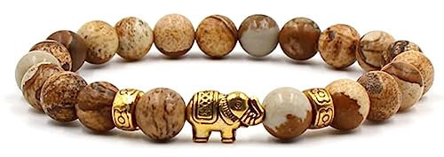 AMDXD SCHMUCK Armband 8mm Achat mit Anhänger Gold Elefant für sie und ihn, Freundschaftsarmbänder, Geschenk für Männer aus echten Natursteinen - 19CM - Braun