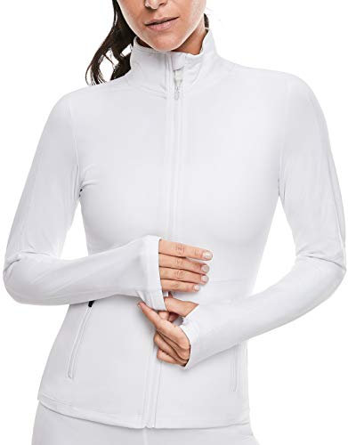 VUTRU Giacca da corsa da donna, con colletto alto, leggera, sportiva, a maniche lunghe, per yoga, fitness, traspirante, con fori per i pollici e chiusura lampo, bianco, XXL