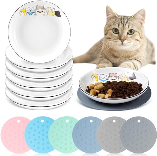 6 cuencos para gatos con 6 alfombrillas antideslizantes de silicona, plato de cerámica para comer para gatos, cuenco de comida húmeda para gatos, plato de comida poco profundo para gatos para