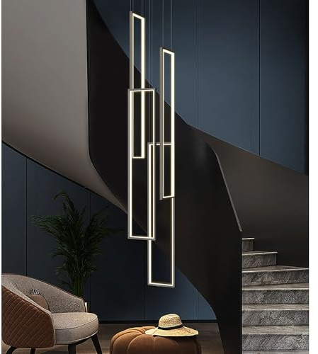HYQJUNE Modern LED Geometrie Pendelleuchte Wohnzimmerlamp Aluminium Treppe Kronleuchter Xuanguan Schlafzimmer Hängeleuchte Schwarz Salon Esszimmer Deckenleuchte Acryl Hängelampe,4 heads white light