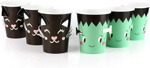 Halloween Cups Fun Characters - Pack of 20 Assorted Frankenstein and Cat Paper Cups with Attachable Details - Do It Yourself Halloween Party Tableware Decoration